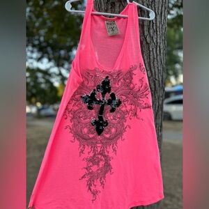 Vocal Neon Pink Tank Top with Black Cross Sequins Design